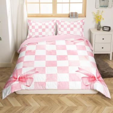 Imagem de Conjunto de capa de edredom infantil com laço rosa, tamanho Queen, quadriculado geométrico, patchwork, moderno, decoração de quarto de meninas e mulheres, gravata borboleta nó princesa chique, capa de