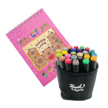 Imagem de Canetinhas 24 Cores Livro Pintar Capivara Fofa Divertida 50 Folhas Caneta Ponta Dupla Estojo Pintura Relaxante Hobbie