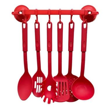 Imagem de Kit UtensíLios De Cozinha, Kit UtensíLios De Cozinha Silicone, Conjunto 6 Utensilios Com Gancho De Cozinha De Nylon Colher Concha Escumadeira EspáTula Pegadores(KIT VERMELHO COM SUPORTE)