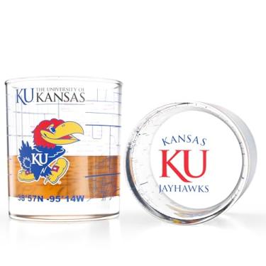 Imagem de Conjunto de vidro de uísque da Universidade do Kansas (2 copos de bola baixa) | Contém logotipo colorido JayHawks e mapa do campus | Ideia de presente Kansas JayHawk para estudantes universitários e ex-alunos | Copos de coquetel universitários