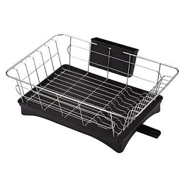 Imagem de Escorredor de louça, escorredor de pratos de aço inoxidável, duas cores com placa de drenagem, bandeja coletora, escorredor de pia de prateleira superior, suporte de talheres para cozinha extra Dr