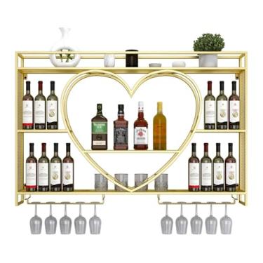 Imagem de Rack de vinho industrial montado na parede - Prateleira de bar flutuante de metal com suporte de vidro para garrafas de bebidas, grande organizador de armazenamento de vinho para bar doméstico (ouro