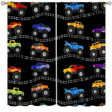 Imagem de wlsgdsg Cortinas de carro de desenho animado para crianças desenho animado simples corrida de montanha cor chama caminhão monstro lama off-road veículo impressão para meninos berçário quarto jovem