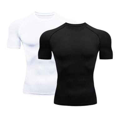 Imagem de HYCOPROT Camisetas de compressão masculinas de manga curta para treino atlético Cool Dry Sports Baselayer Camiseta de corrida, Preto (1 peça)/branco (1 peça), XXG