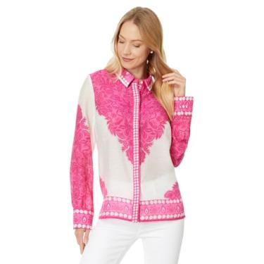 Imagem de Lilly Pulitzer Camiseta feminina de botão Kiran, Blusa de tecido rosa maracujá Jungle Escape, GG