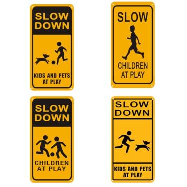 Imagem de WOSTOD Placa Slow Down Kids and Pets at Play Signs Slow Down Kids at Play Yard 12 x 25 cm, 4 peças