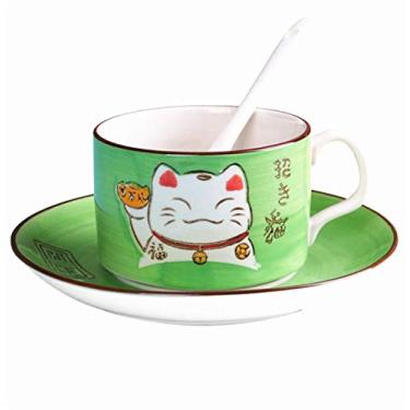 Imagem de EatingBiting(R)5 cores pintadas à mão nível de arte para gatos da sorte Maneki Neko cerâmica xícara de chá conjunto de 3 peças 1 xícara 1 prato 1 colher de porcelana Cappuccino copos com pires ou especialidades bebidas de café, latte, café, Verde, Cup Size:7.5cm x 5.0cm / 3.0 " x 2.0" approx.
