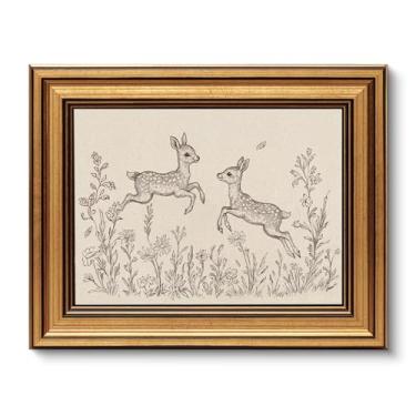 Imagem de VIYYIEA Arte de parede vintage emoldurada em ouro para sala de estar, impressões em tela de cervo sika, decoração de casa, imagem de pintura de esboço, decoração de parede de quarto presentes para