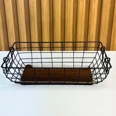 Imagem de Fruteira de Mesa Rustica de Ferro e Bambu para Café da Manhã Multiuso de Metal Preto(RETANGULAR M 30x19x7,5CM)