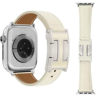 Imagem de Nixiamy Pulseiras de couro lichia compatíveis com Apple Watch Ultra/SE/Ultra 2/séries 10/9/8/7/6/5/4/3/2/1 de 49 mm, 46 mm, 45 mm, 44 mm, 42 mm, 41 mm, 38 mm, 49 mm, 46 mm, 46 mm, 46 mm, 45 mm, 45 mm