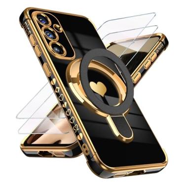 Imagem de Liufcx Capa para Samsung Galaxy S23 FE com protetor de tela de vidro: capa de suporte com padrão de coração de amor banhada a ouro luxuosa, capa de proteção completa para câmera TPU macia à prova de