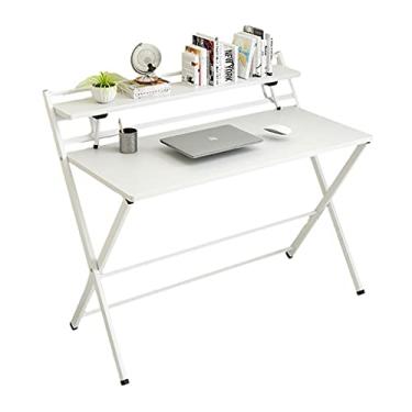 Imagem de Mesa dobrável para computador com prateleira, mesa de escritório em casa, mesa para pequenos espaços, mesa dobrável, estação de trabalho, escritório, escrivaninha, mesa de computador (cor: bege