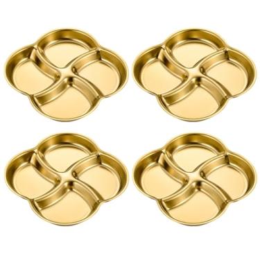 Imagem de 4 peças de molho de soja tigelas divididas de aço inoxidável coreano 4 compartimentos prato de molho dourado tempero bandeja de condimentos para churrasco vinagre especiarias sal sabor açúcar casa