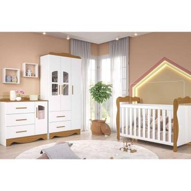 Imagem de Quarto Infantil Completo Lisi 3 Peças (1guardaroupa+1berço+1cômoda) Qi115 Branco-amendoa - Peroba