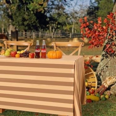 Imagem de SoarDream Toalha de mesa listrada amarela e marrom 137 x 213 cm impermeável toalha de mesa retangular capa de mesa rústica outono reúne festa sazonal decoração de jantar