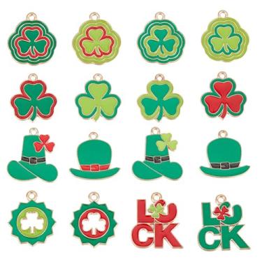 Imagem de SUNNYCLUE 1 caixa, 32 peças, 16 estilos, berloques de Dia de São Patrício, verde, amuletos da sorte de liga esmaltada, chapéus de trevo fofos para fazer joias, berloques para fazer joias, brincos