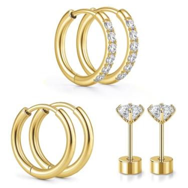 Imagem de Brincos de argola de prata/ouro: brincos de argola de cartilagem pequena de aço inoxidável cirúrgico hipoalergênico, com costas planas e costas planas para mulheres, várias orelhas sensíveis a