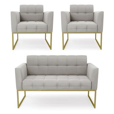 Imagem de Kit 1 Sofá Namoradeira e 2 Poltronas Elisa Veludo Cinza Base Metálica Industrial Dourado D03 - D'Rossi