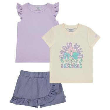 Imagem de Skechers Conjunto de 3 peças para meninas - 2 camisetas e conjunto curto combinando de cima e de baixo, Creme/lilás pastel/cambraia média, 3T