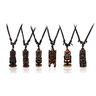 Imagem de Pingyongchang Colar havaiano com pingente de amuleto de proteção de resina Tiki fofa estátua cavada corrente de corda ajustável, joia vintage feita à mão para homens e mulheres, Resina, Liga metálica.