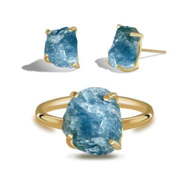 Imagem de Conjunto de Ônix Azul - Cristal Natural, Banho Ouro 18k