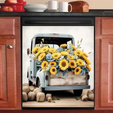 Imagem de Adesivo decorativo de fazenda girassol e caminhão rústico para máquina de lavar louça, folha de porta, decalque magnético floral aquarela decoração geladeira máquina de lavar louça frontal 58 x 66 cm