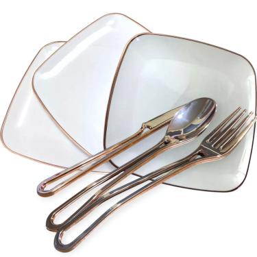 Imagem de Kit Festa 12 Pratos quadrado acrílico Rosê + 36 Talheres