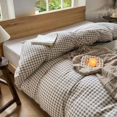 Imagem de Cobertor ponderado Tan Gingham 152,4 cm x 203,2 cm, capa de edredom xadrez de microfibra pré-lavada macia para cobertor pesado, capa de edredom de grade pesada (cinza guingão, 152 x 203 cm)