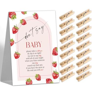 Imagem de Decorações de chá de bebê de morango - Dont Say Baby Shower Game, 1 placa e 50 mini prendedores de roupa de madeira, jogos engraçados de revelação de gênero para artigos de festa de morango, 50