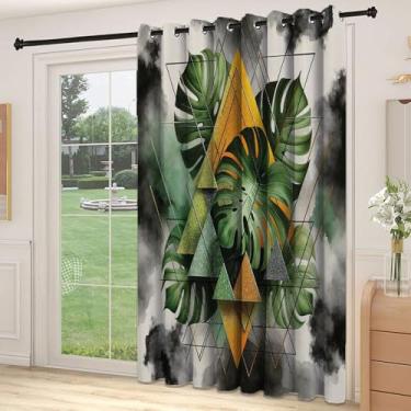 Imagem de Divisória de parede de cortina de divisória Monstera, formas geométricas triangulares com folhas em uma parte traseira nublada e sonhadora, adequada para portas de vidro deslizantes, cortinas térmicas