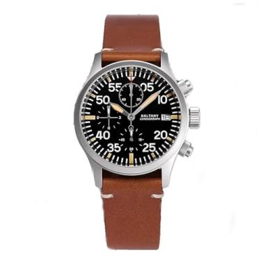 Imagem de NIADI Relógio masculino Baltany com cronógrafo de quartzo, 100 m, à prova d'água, aço inoxidável, vidro de safira, vintage, relógio de pulso vintage, Pulseira de couro marrom.