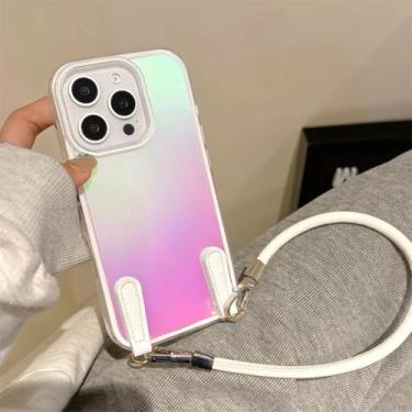 Imagem de Capa de couro de luxo com cordão para pulso Aurora Gradient Case para iPhone 16 15 14 13 Pro Max Plus 12 11 Laser Shockproof Slim Cover (para iPhone 14 ProMax/BRANCO)