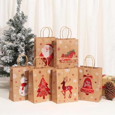 Imagem de XIAOMAIDAM Pacote com 6 sacos de presente de Natal com alças para embrulho de presente, sacolas de lembrancinhas de festa de Natal, 20 x 15 x 8 cm, papel kraft