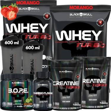 Imagem de Kit 2x Whey Protein Turbo 907g + 2x Creatina Monohidratada 150g + Pré-Treino BOPE 150g + Thermo Flame Termogênico 120 Tabletes+ 2x Coqueteleira - Black Skull (Whey Morango + Bope Limão)