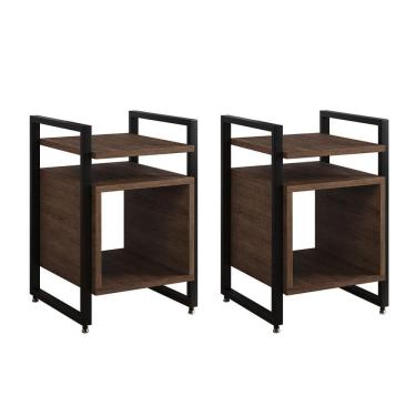 Imagem de Kit 2 Mesas De Cabeceira Industrial Marrocos Ferro Preto E Tampo Amêndoa