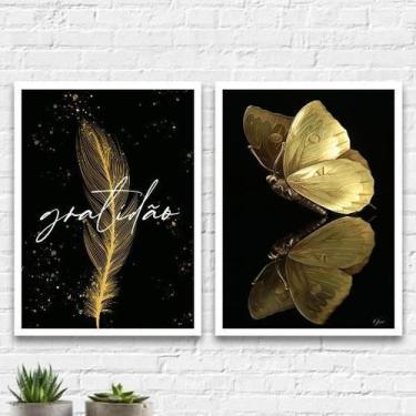 Imagem de Kit 2 Quadros Gratidão Borboleta Gold 33X24Cm Vidro - Branca - Quadros
