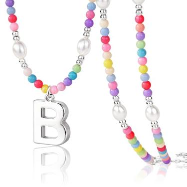 Imagem de Poxtex Lindos colares de contas com inicial para meninas, elegantes e coloridas, pérolas, letras, gargantilhas, para mulheres, adolescentes, feito à mão, banhado a ouro 14K, boêmio, joias