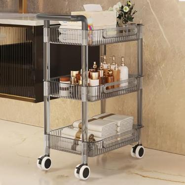 Imagem de Carrinho de armazenamento cinza - Carrinho utilitário de acrílico de 3 camadas para organização de cozinha e banheiro, prateleiras móveis com rodas e alça bloqueáveis, solução de armazenamento