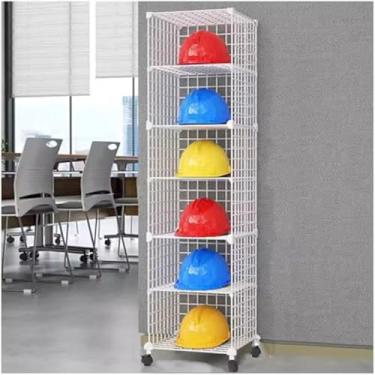 Imagem de Carrinho organizador de capacetes resistentes, rack de exibição de arame de ferro ajustável para armazém e depósito, prateleiras de armazenamento de capacete de segurança comercial de 6 quadrados (39