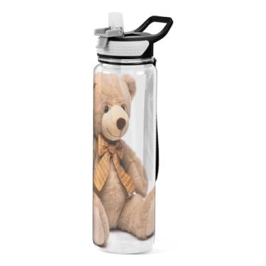 Imagem de Burbuja Garrafa de água Cute Bear de 940 ml com tampa de palha, à prova de vazamento e livre de BPA para academia, esportes ao ar livre