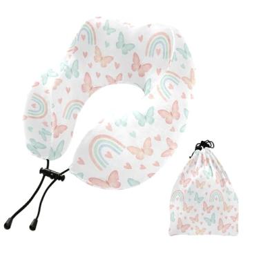 Imagem de Burbuja Almofada de pescoço de borboletas arco-íris para viagem, almofada de viagem de espuma viscoelástica para dormir, suporte de cabeça de avião de carro, lavável na máquina e portátil