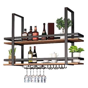 Imagem de Prateleira de montagem de teto industrial, prateleiras flutuantes de 2 camadas, rack de vinho com suporte de vidro e prateleira, rack organizador multifuncional (cor: preto, tamanho: 100 x 30 x 80 cm)