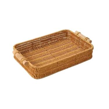 Imagem de CFGH6FDF Suporte de frutas feito à mão bandeja de armazenamento de vime quadrada cesta de vime alça de madeira bandeja de pão comida suporte de tigela de frutas