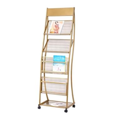 Imagem de Porta-revistas de chão com rodas - Suporte de exibição de literatura de 4 prateleiras para exposição de folhetos, jornais e produtos - Suporte portátil de chão para feiras e eventos