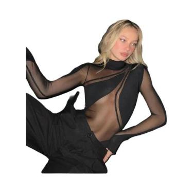 Imagem de Bodycon Preto De Manga Longa Com Gola Alta Para Mulheres, Transparente