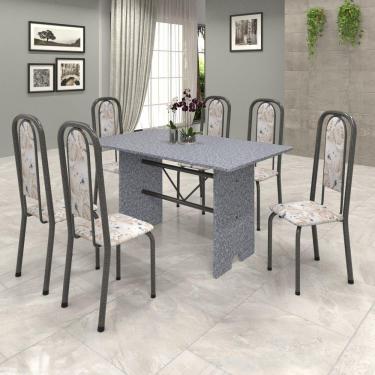 Imagem de Conjunto de Mesa 140x75cm Tampo Granito com 6 Cadeiras Lavínea Soma Móveis Martelado Prata/Ocre/Botanic Bege