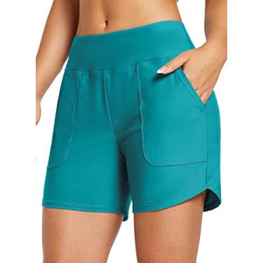 Imagem de BALEAF Calção de banho feminino de 7,6 cm/12,7 cm, cintura alta, short de banho de secagem rápida com bolsos, Azul água, P