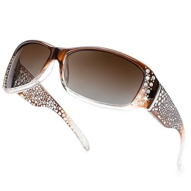 Imagem de IGnaef Óculos de sol polarizados para mulheres, óculos de sol femininos com strass, proteção UV400 para dirigir/pescar/fazer compras, Armação marrom gradiente A05/Lente polarizada marrom, Medium