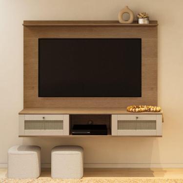 Imagem de Painel 160cm para Tv de até 72 Polegadas Portas Basculante Impressão 3d Palha Cinamomo/Off White