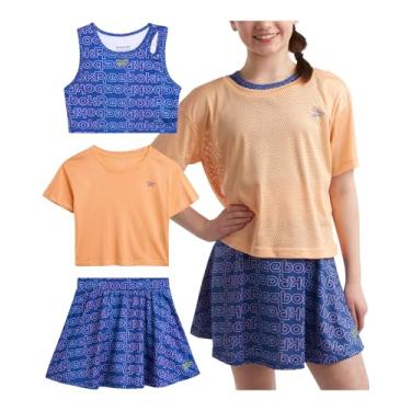 Imagem de Reebok Conjunto de saia ativa para meninas - camiseta de malha de desempenho de 3 peças, regata cropped e saia - conjunto esportivo para meninas (7-12), Roxo, 7